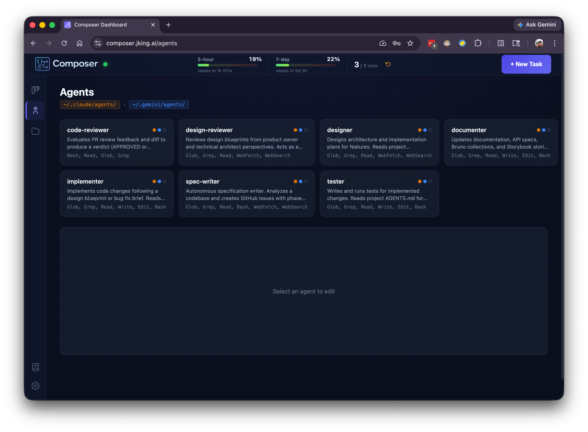 The Agents page — each agent card shows its role, description, available tools, and provider support (Claude and Gemini).