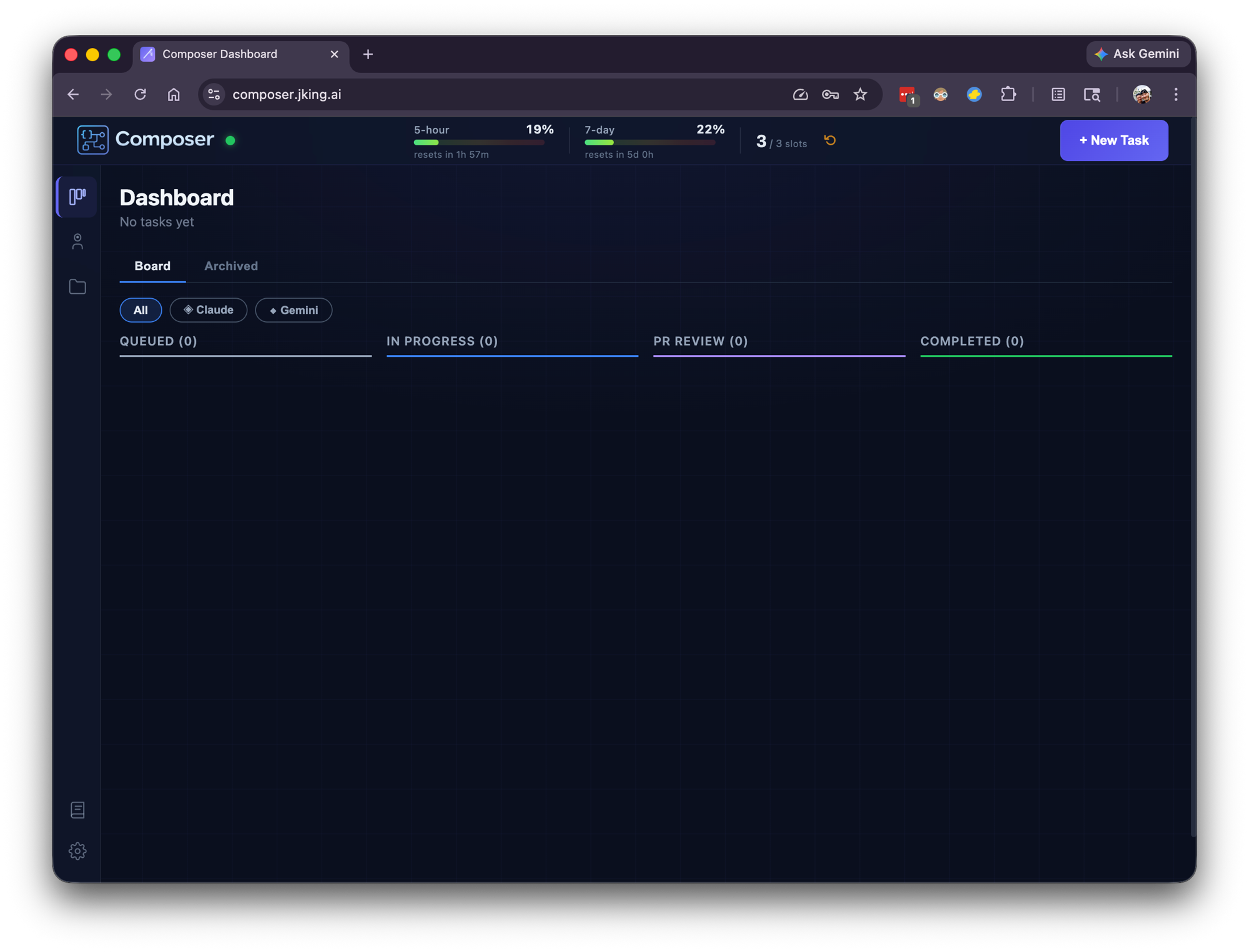 Composer's Kanban board — tasks flow through QUEUED, IN_PROGRESS, PR_REVIEW, and COMPLETED columns with live quota gauges in the header.
