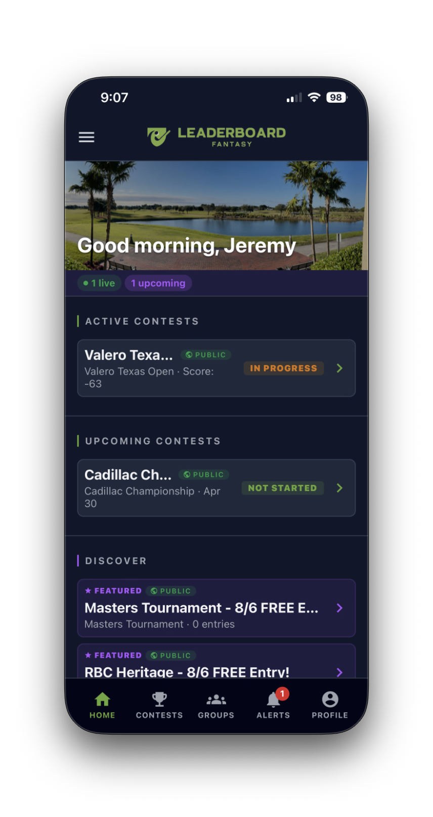 Leaderboard Fantasy on iPhone — the dashboard with active contests, hero banner, and tab navigation.
